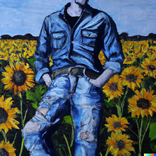 Van Gogh and Godfrieds jeans standing sunflowerfield