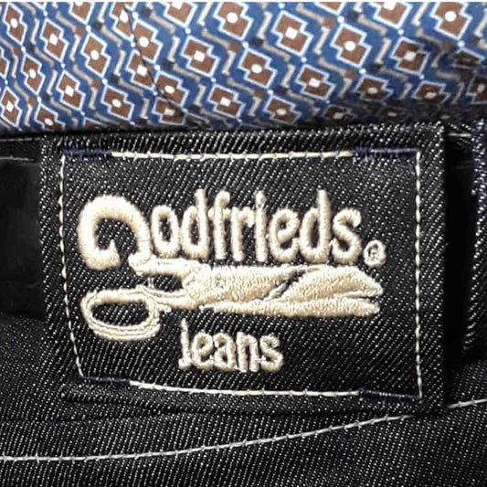 geborduurd godfrieds jeans label op de band op de rug