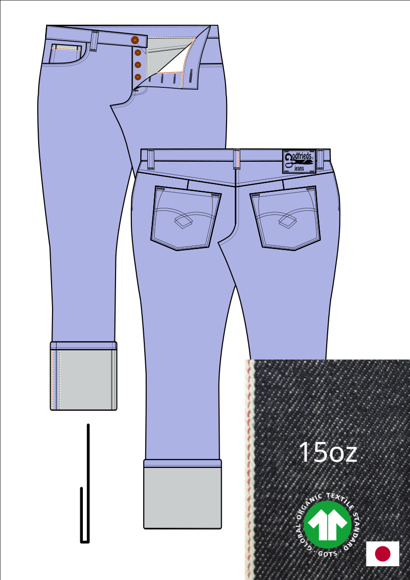 Tekening van passende jeans 2570  met denim voorstelling en omslag aan de pijpzoom
