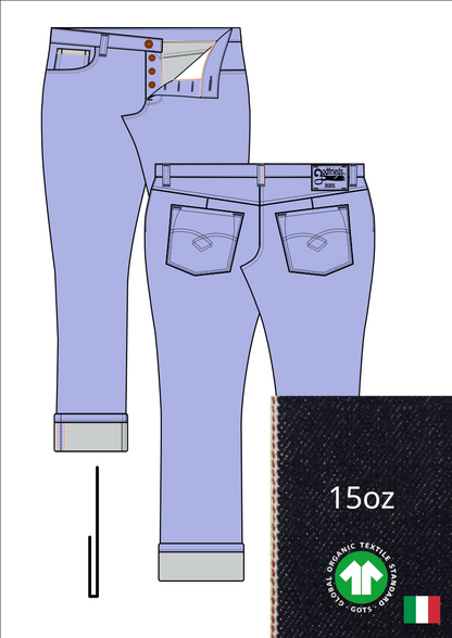 Tekening van passende jeans 2570  met denim voorstelling en omslag aan de pijpzoom